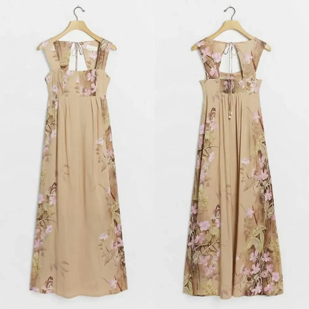 Anthropologie Aurelie Maxi Dress Brown Lightweight Butterfly US‎ 2 Boho Fall